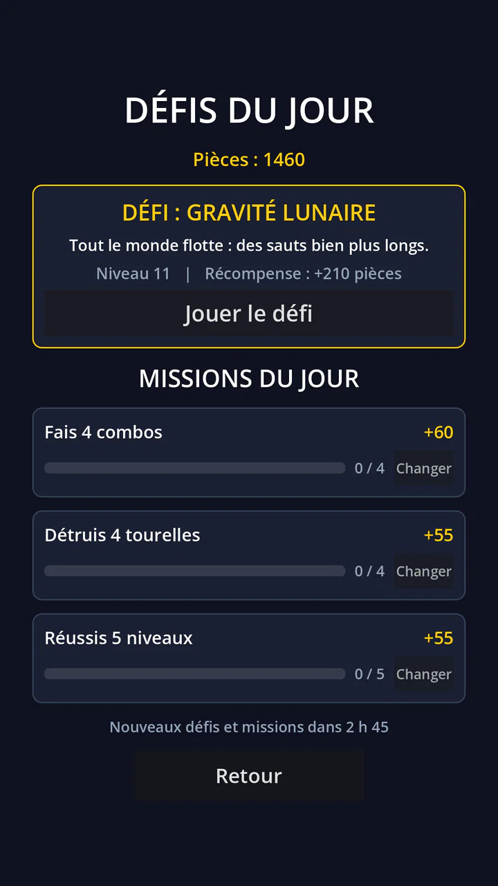 Écran des défis et missions du jour