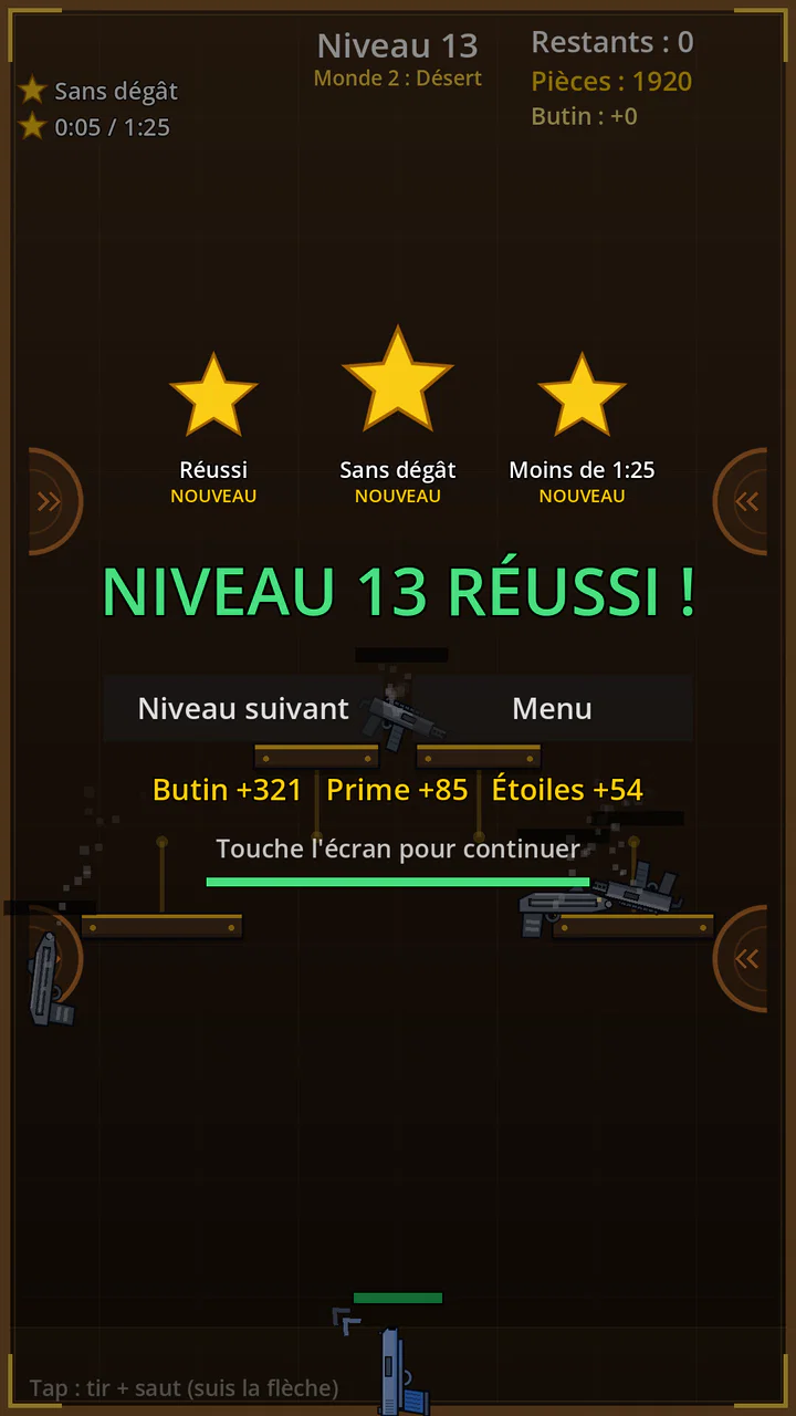 Écran de victoire avec trois étoiles gagnées